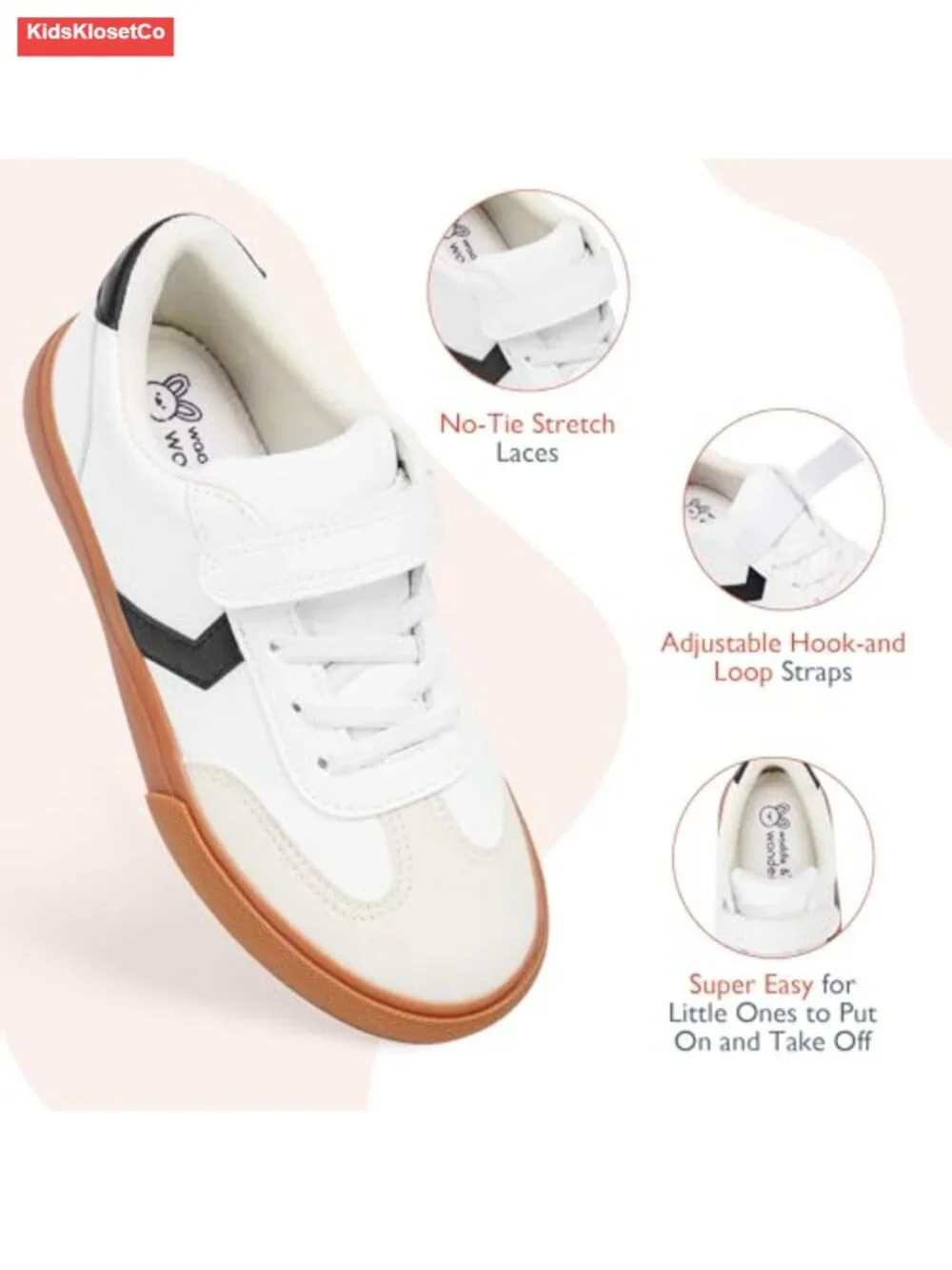 Kids Retro Sneakers Hook and Loop Shoes with Elastic Laces Non-Slip Rubber Sole